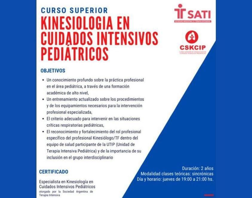 📢Te invitamos a conocer uno de los cursos 
superiores de SATI: la *Especialidad en Kinesiología en
Cuidados Intensivos Pediátricos*👶😷
🗓️La misma se dicta cada dos años y actualmente se 
encuentra en curso el segundo año!