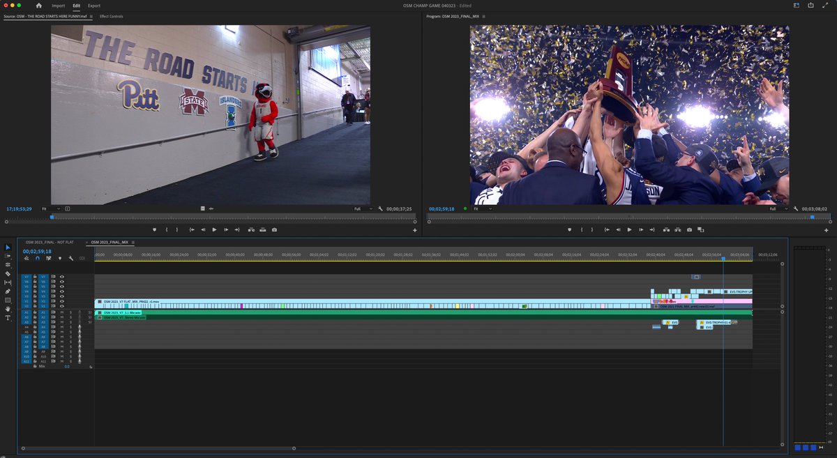 Posting a week late because I was traveling, but here's #timelinetuesday for One Shining Moment. The first shot is what it looks like before the Championship game and the 2nd is the mixed flattened version I used for the live finish.#adobepremiere #marchmadness2023