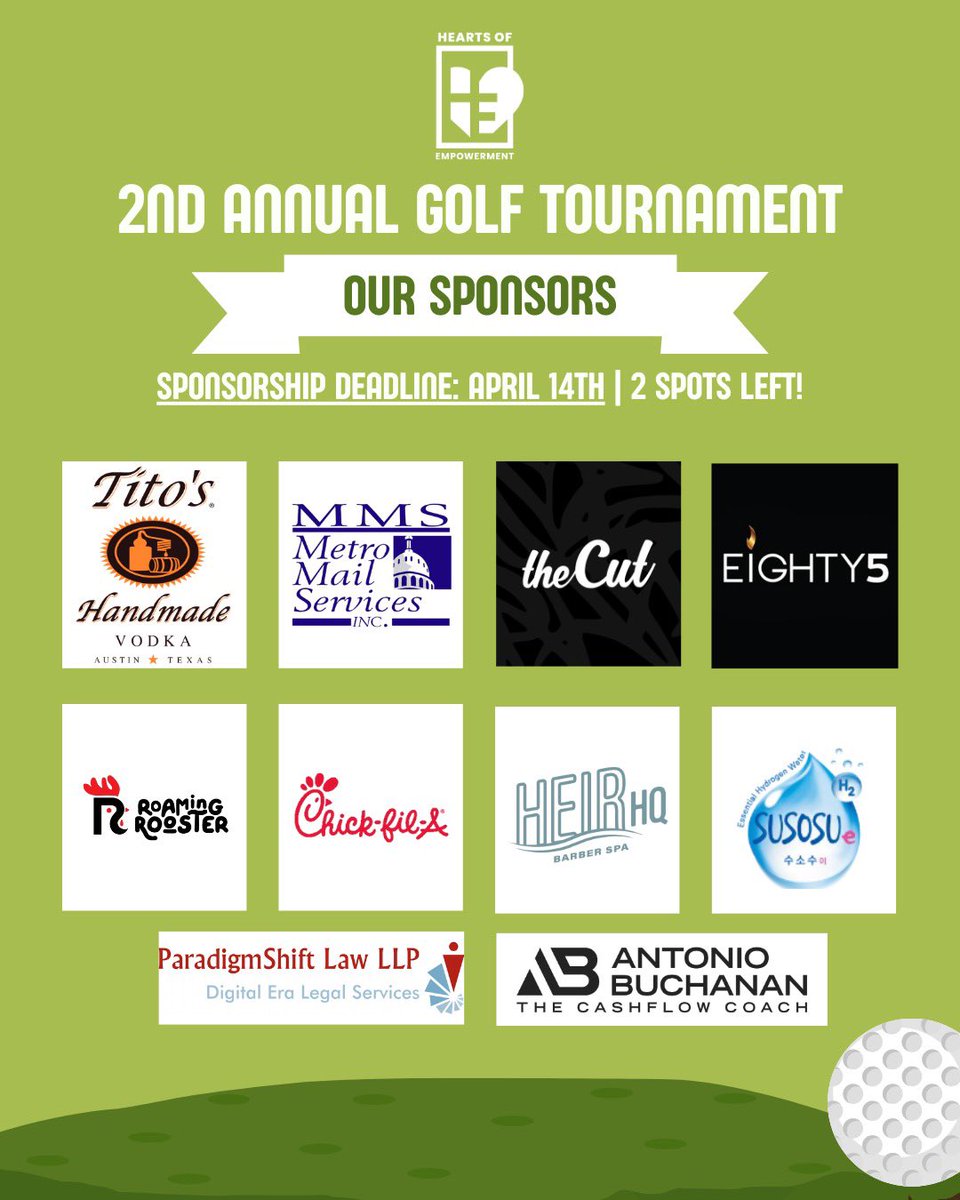 Hearts_org's tweet photo. Our 2nd Annual Golf tournament is around the corner &amp; we’d like to give a special shoutout to our generous sponsors that have signed up so far!

Want to join this elite group of businesses?! Only 2 spots are open so hurry to the link in bio to sign up for the last while you can! https://t.co/d3VtjzGl6z