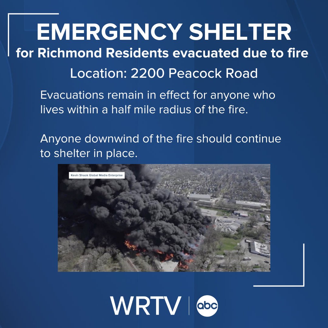 wrtv's tweet photo. NEW INFO | An emergency shelter has been set up for residents who have been evacuated due to the industrial fire in Richmond. 

MORE INFO: https://t.co/aNplFlvdFd https://t.co/LFpArVGv9A