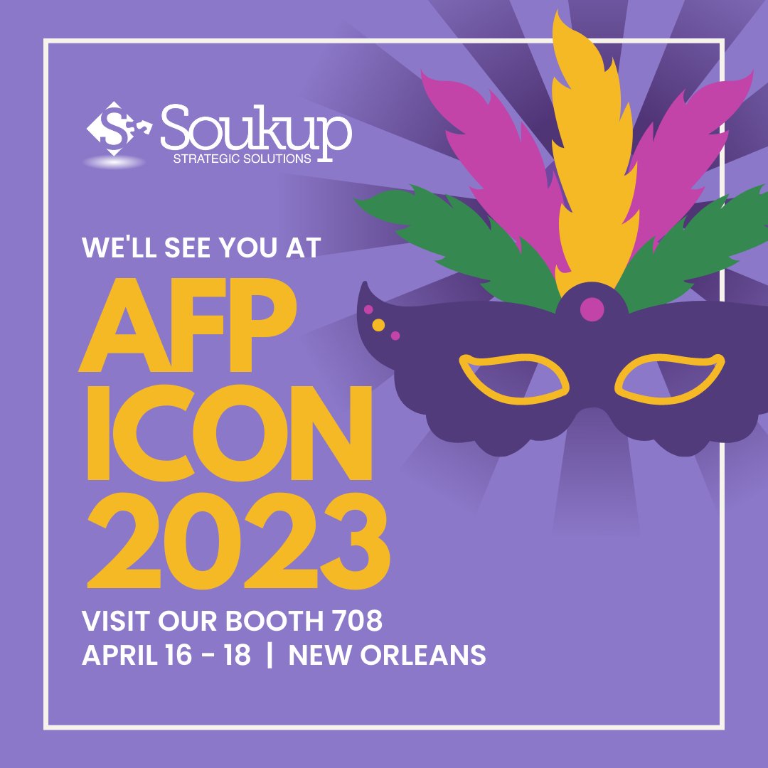 Impactability_'s tweet image. Soukup Strategic Solutions is going to AFP ICON 2023! We hope to see you in New Orleans, April 16th through the 18th.  Meet the Soukup Team at Booth 708, we’ll be available to help maximize your nonprofit’s IMPACT. Don’t forget to snag some swag!