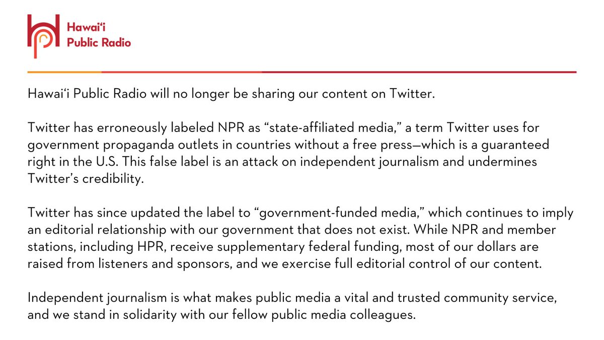 Hawai‘i Public Radio will no longer be sharing our content on Twitter. You can access HPR’s content through hawaiipublicradio.org, our free mobile app, email newsletters, Facebook and Instagram.

HPR statement on Twitter labeling <a href="/NPR/">NPR</a> 👇