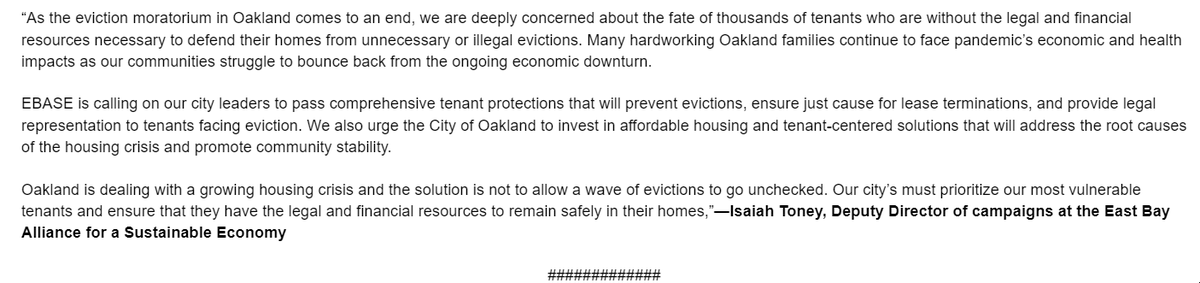 East Bay Alliance for Sustainable Economy @workingeastbay is another community organizing group signing on to the actions today in support of the tenant protections in the Bas/Kalb eviction moratorium rampdown