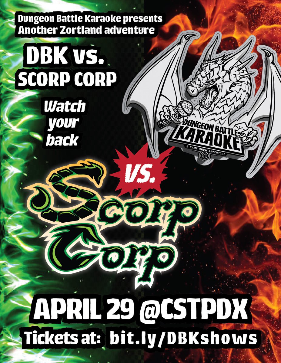 Hey! Freakin #SCORPCORP is coming to Zortland, and it’s up to YOU adventurers to discover their true intent - next time, on Dungeon Battle Karaokeeeee!!
🎤🧙‍♀️🎸🕺👹🦂⚔️🐲
Tix: eventbrite.com/e/dungeon-batt…