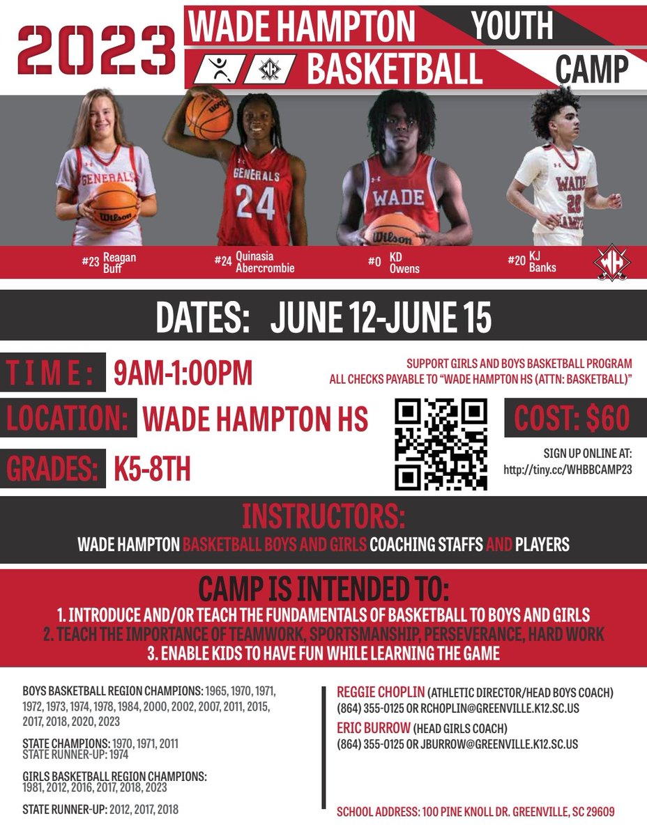 WHHS Youth Basketball Camp registration is now open. We are looking forward to another exciting camp! <a href="/WadeHampton_HS/">Wade Hampton High</a>

 Use the QR Code on the form or school website to register.