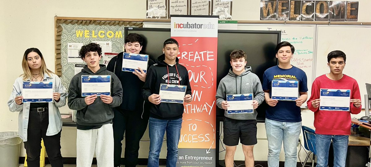 MrsPLang's tweet photo. Great things are happening at Memorial High School!!  💙💛🎉 Congratulations to Jasmine, Darrius, Joe, Olegario, Sebastian, Miguel, and Alonso on passing their Entrepreneurship and Small Business Certification! @McAllenMemorial @Pride_Mustangs @McAllenISD @McAllenISDCTE https://t.co/SHt4qr6SbQ