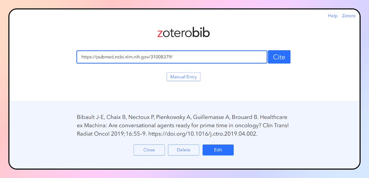 Amonterodel's tweet photo. 2️⃣ ZoteroBib |

· Página web ( 👉 https://t.co/cvRKw5UJib)

✔️ Recomendado para citación ultrarrápida de artículos científicos (con la URL, título, PMID o DOI).

🔠 Pegas link → CITE → 🕐 en 2 segundos lo tienes → Copias y lo pegas donde quieras.

🤔 1º Fíjate en el estilo! https://t.co/TkWH0vqi1r