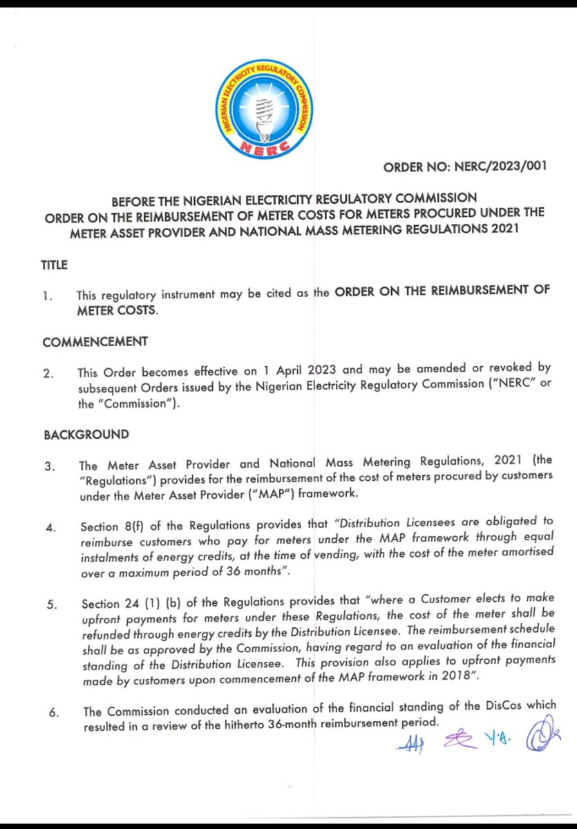 WavesandWatts's tweet photo. Regulatory Update:
Effective April 2023, the Nigerian Electricity Regulatory Commission has provided a new mechanism for the reimbursement of the cost of meters procured by customers under the Meter Asset Provider framework. https://t.co/XlGjMrMQ7s