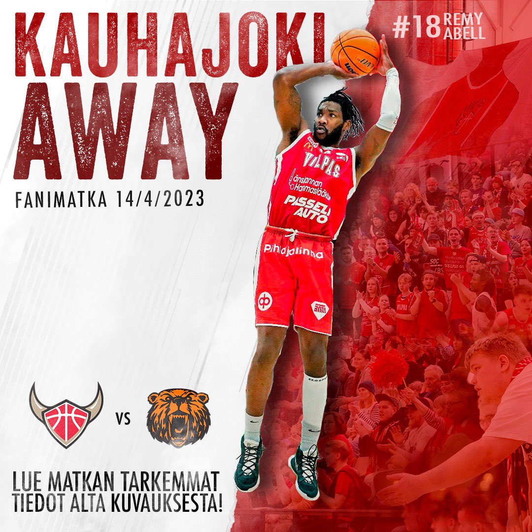 💰 30€ (sis. matkan &amp; matsin)
📌 IKH areena, Kauhajoki
⏰ Perjantai 14.4.2023 klo 18:30
🚌 Bussi lähtee Salon Hookin edestä klo 13:30 (Helsingintie 8, 24100 Salo)

Sitovat ilmoittautumiset viestillä
(etu- ja sukunimi) numeroon:
045 892 3588

#korisliiga #punavalkoinenkevät