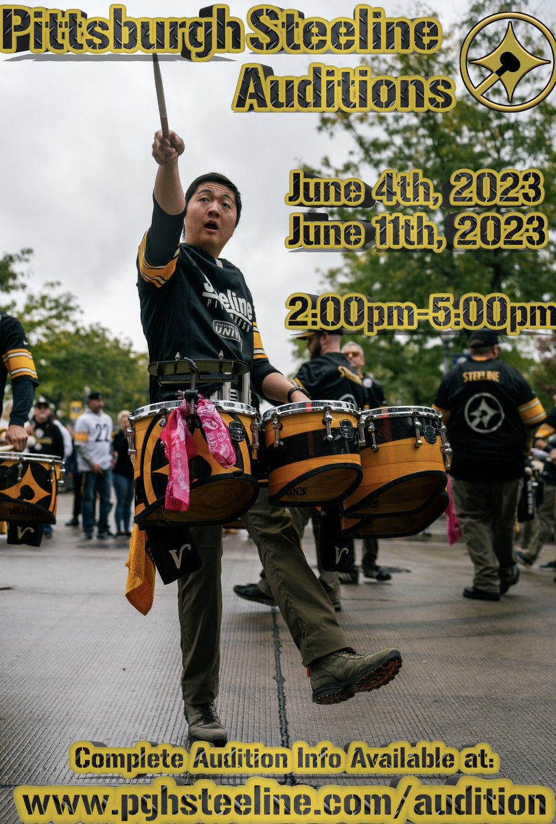 PGHSteeline's tweet photo. Don’t forget that our 2023 auditions are coming up in June! We’d love to see any interested Pittsburgh area drummers there! 

https://t.co/Wf9ndHNnGk

#steelers #steeline #nfldrumlines #herewego https://t.co/zNuJwVJq7C