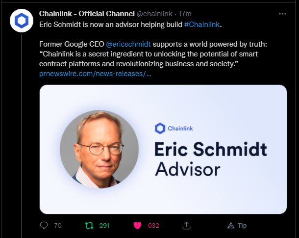 ƊÓȠ. (@don_chainlink) on Twitter photo <a href="/ericschmidt/">Eric Schmidt</a> Imagine if CNBC had introduced former Google CEO Eric Schmidt as a strategic adviser at Chainlink Labs!
This will soon become a reality once #Chainlink have announced all their upcoming product releases. <a href="/ericschmidt/">Eric Schmidt</a> Imagine if CNBC had introduced former Google CEO Eric Schmidt as a strategic adviser at Chainlink Labs!
This will soon become a reality once #Chainlink have announced all their upcoming product releases.