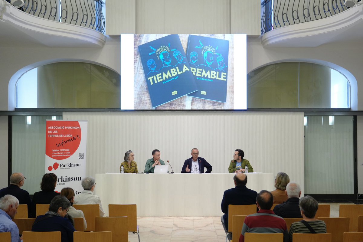 MiquelPueyo's tweet photo. 📖 Avui hem assistit a la presentació de la novel·la gràfica "Tiembla", de @ramonricart7, en motiu del #DiaMundialDelParkinson. Al Ramon li van diagnosticar la malaltia quan tenia 47 anys, i en aquest llibre, explica en les conseqüències d'aquesta enfermetat neurodegenerativa. https://t.co/VLDHzHJTMy