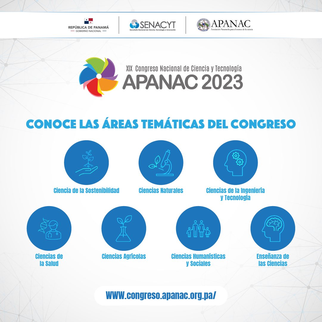CongresoApanac's tweet photo. Estás son las áreas temáticas del XIX Congreso Nacional de Ciencia y Tecnología APANAC 2023.

Anímate a proponer un tema para el simposio, mesa redonda, foro o  presenta un resumen de investigación. 

Regístrate en nuestra página web: https://t.co/Xs3Aqd8noR

#CongresoApanac2023 https://t.co/itEW8Yh15D