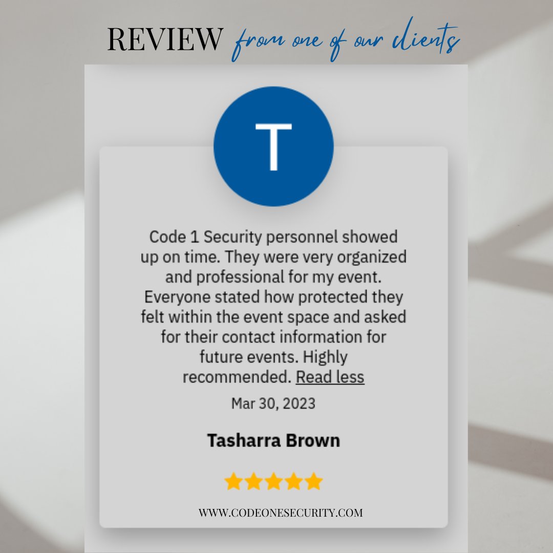 code1security_'s tweet image. We love to receive feedback from our clients to ensure we are exceeding expectations. 
We provide free consultations! We are available at 346-245-8892.
-
-
-
-
-
-
-
-
-
-
-
-
-
-
-
-
-
-
#securityguard #codeone #codeonesecurity #security #houston #texas #safety #secure #securit