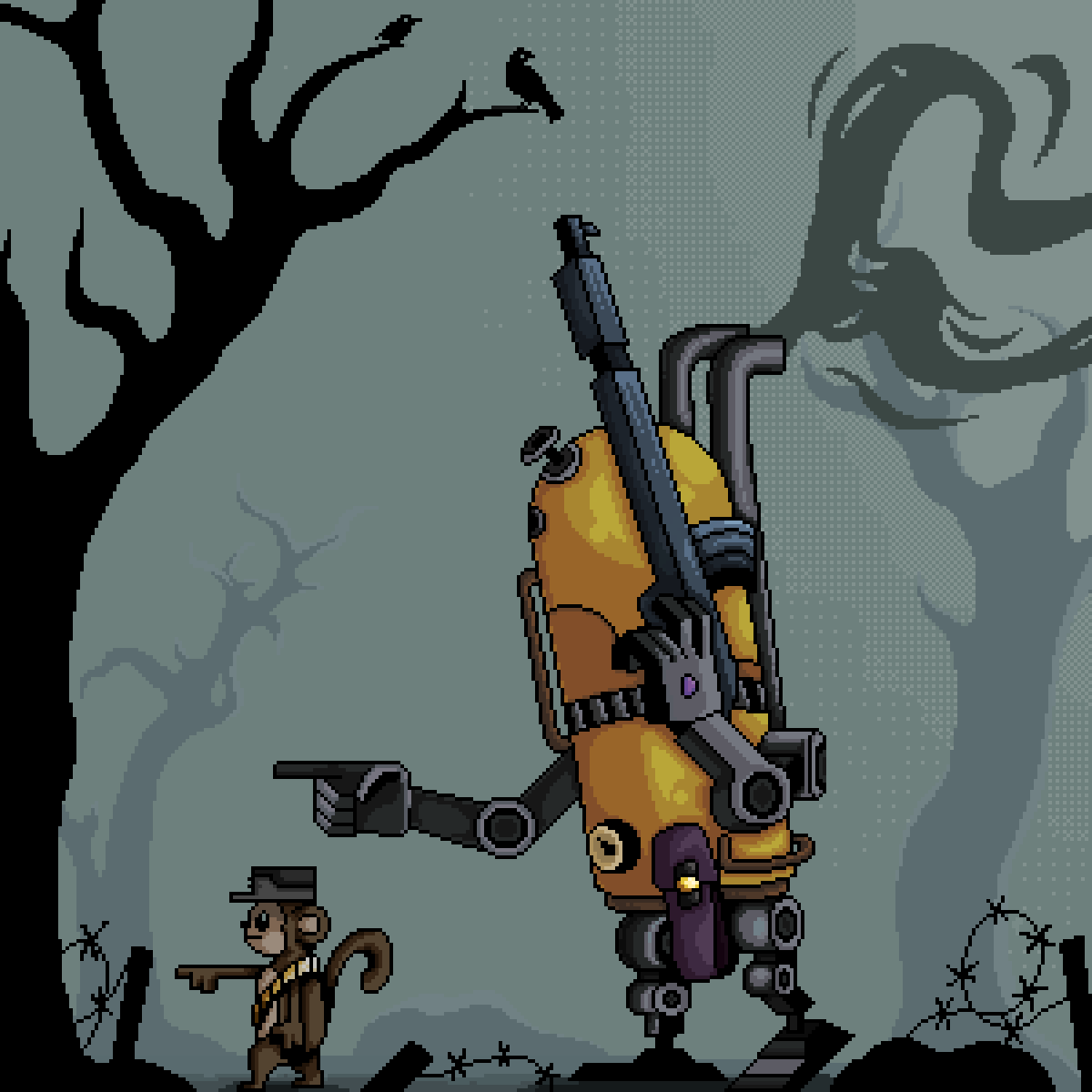 PrimPrimatesNFT's tweet photo. Primate fought primate, civil war unleashed, until greed and gluttony took the ultimate toll on civilization. 

The very steam-engine technology that gave primates superior quality of life, took life itself away from them...

Discord PPs get more lore: https://t.co/n97x8YRG5w 🐒 https://t.co/fn9w1o290e