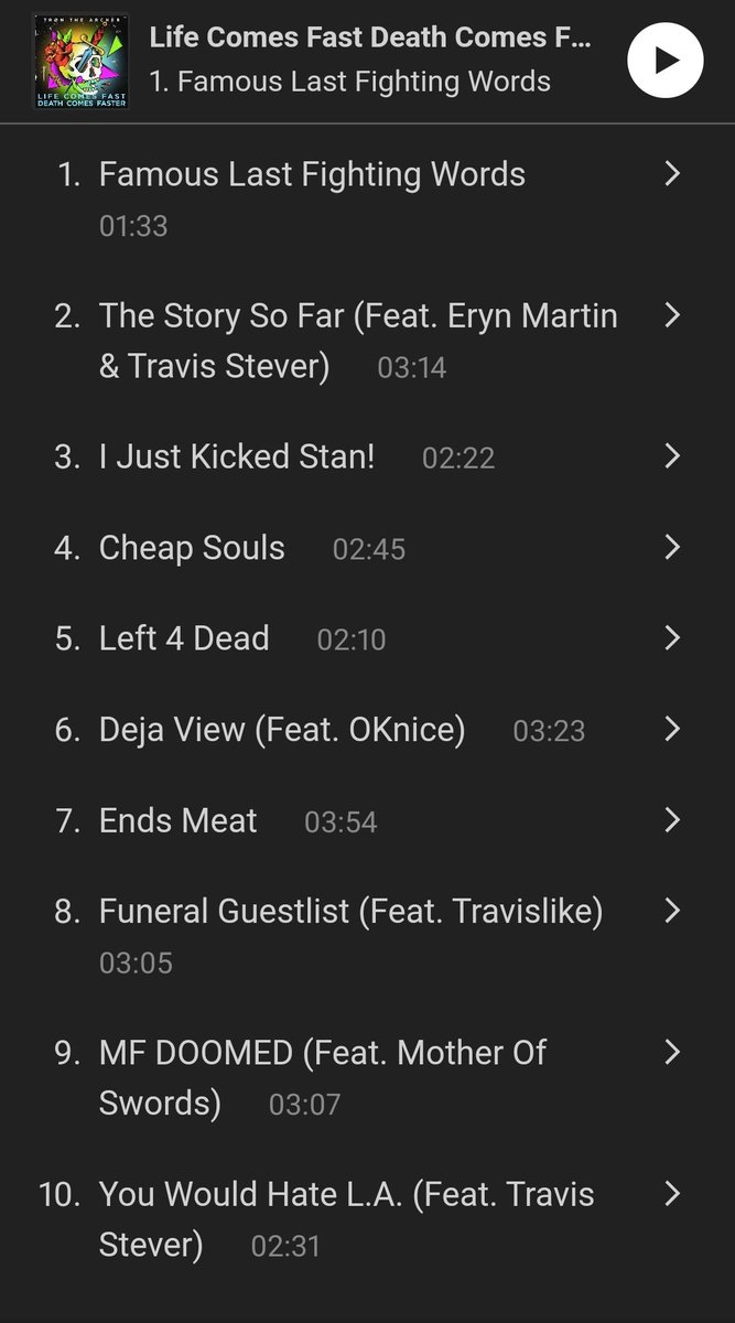 Track Listing for my new album Life Comes Fast Death Comes Faster which drops this Friday features @TravStever @erynmartinnn @TRAVISLIKE845 @OKniceRaps