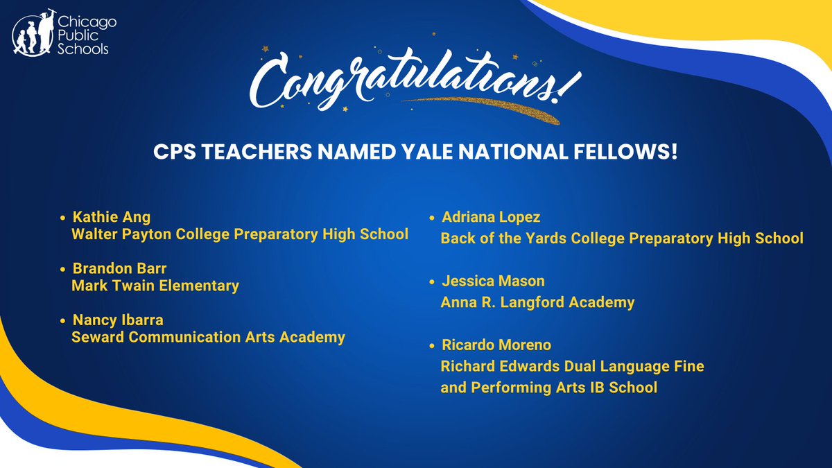 CPS - Chicago Public Schools (@chipubschools) on Twitter photo As Yale National Fellows, 6 CPS teachers will participate in a series of seminars to develop their leadership and curriculum development skills through the Yale National Initiative. #TheBestAreWithCPS
<a href="/wpcp_official/">Walter Payton College Prep</a>
<a href="/AcademySeward/">Seward Communication Arts Academy</a>
<a href="/boycphs/">Back of the Yards CP</a>
<a href="/LangfordLions/">Langford "Mighty Lions"</a>
<a href="/EdwardsIBCPS/">Richard Edwards Elementary</a> As Yale National Fellows, 6 CPS teachers will participate in a series of seminars to develop their leadership and curriculum development skills through the Yale National Initiative. #TheBestAreWithCPS
<a href="/wpcp_official/">Walter Payton College Prep</a>
<a href="/AcademySeward/">Seward Communication Arts Academy</a>
<a href="/boycphs/">Back of the Yards CP</a>
<a href="/LangfordLions/">Langford "Mighty Lions"</a>
<a href="/EdwardsIBCPS/">Richard Edwards Elementary</a>