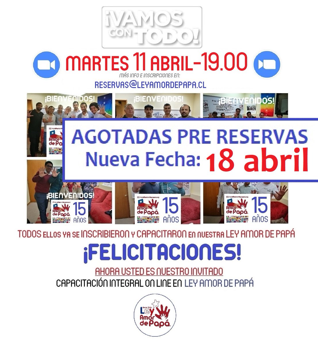 ¡LA INVITACIÓN SE EXTIENDE!   

No deje pasar MÁS tiempo, que luego será MÁS difícil revertir los daños sufridos por sus HIJOS al estar injustamente separados de USTED

INFÓRMESE e INSCRÍBASE escribiendo a reservas@leyamordepapa.cl

Visite amordepapa.org

<a href="/LeyAmordePapa/">Ley Amor de Papá</a>