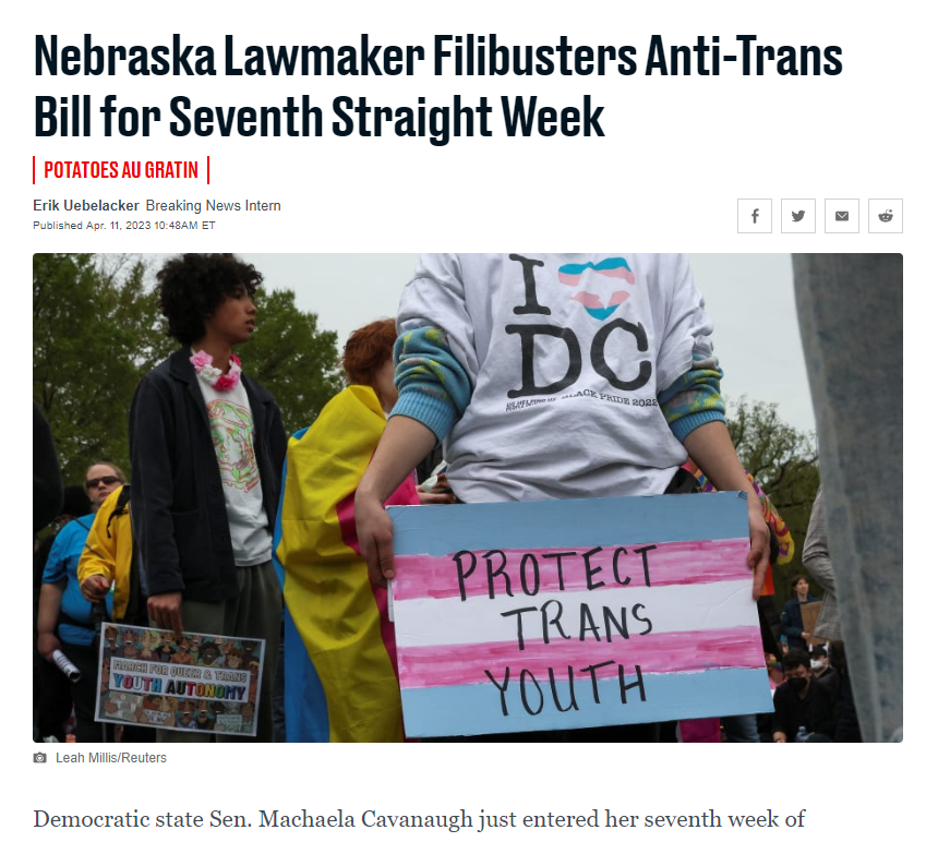 It's Tuesday, and we are entering the 7th straight week where <a href="/senatormachaela/">Senator Machaela Cavanaugh</a> <a href="/NebraskaMegan/">Senator Megan Hunt</a> <a href="/Scott_Wiener/">Senator Scott Wiener</a> are filibustering anti-trans legislation. Not a SINGLE bill has gotten through Nebraska and they are NOT giving up.

It's one of the most amazing filibusters in history.