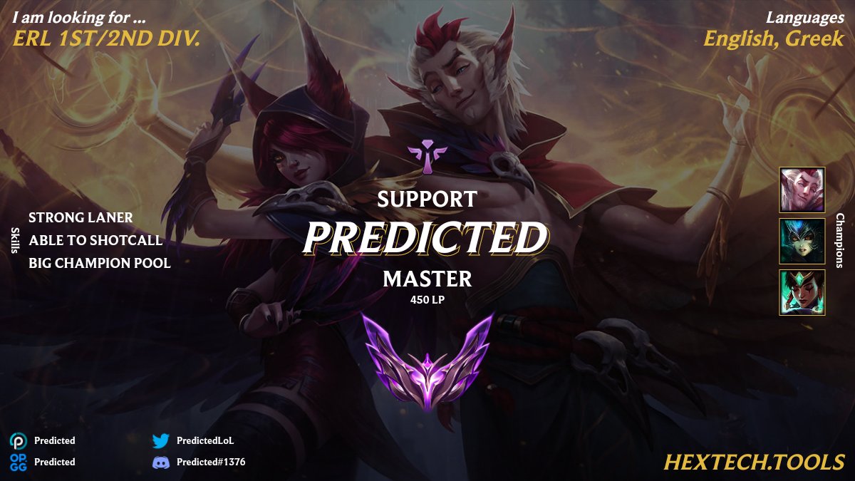 Predicted (@predictedlol) on Twitter photo After a split with <a href="/TeamInsidious5/">Team Insidious</a>, i am once again lft. Interested mainly into ERL1/2 offers.
I really really want to prove myself, and show out what I am capable of achieving.
-Usefull links and references on the comments After a split with <a href="/TeamInsidious5/">Team Insidious</a>, i am once again lft. Interested mainly into ERL1/2 offers.
I really really want to prove myself, and show out what I am capable of achieving.
-Usefull links and references on the comments