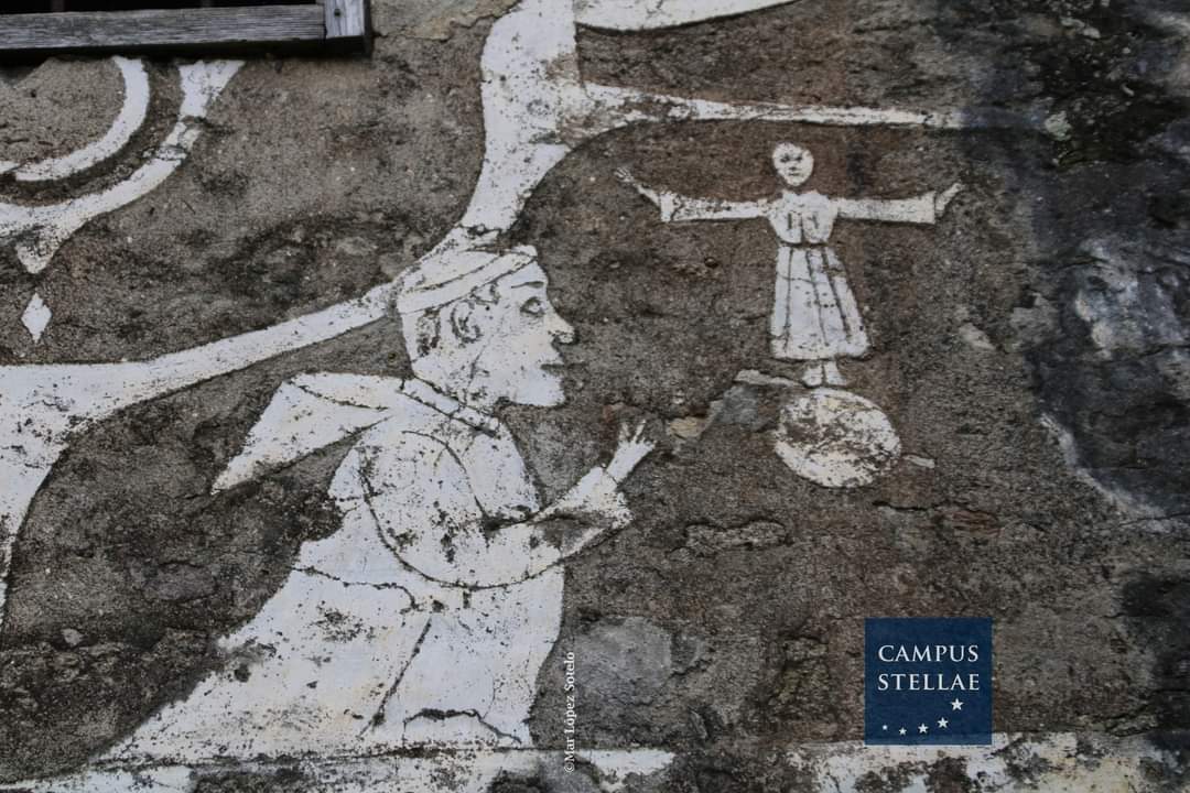 Una joya del Esgrafiado Gallego Figurativo : Monje medieval con tonsura orando ante un Cristo Resucitado. Más:  redribeirasacra.blogspot.com