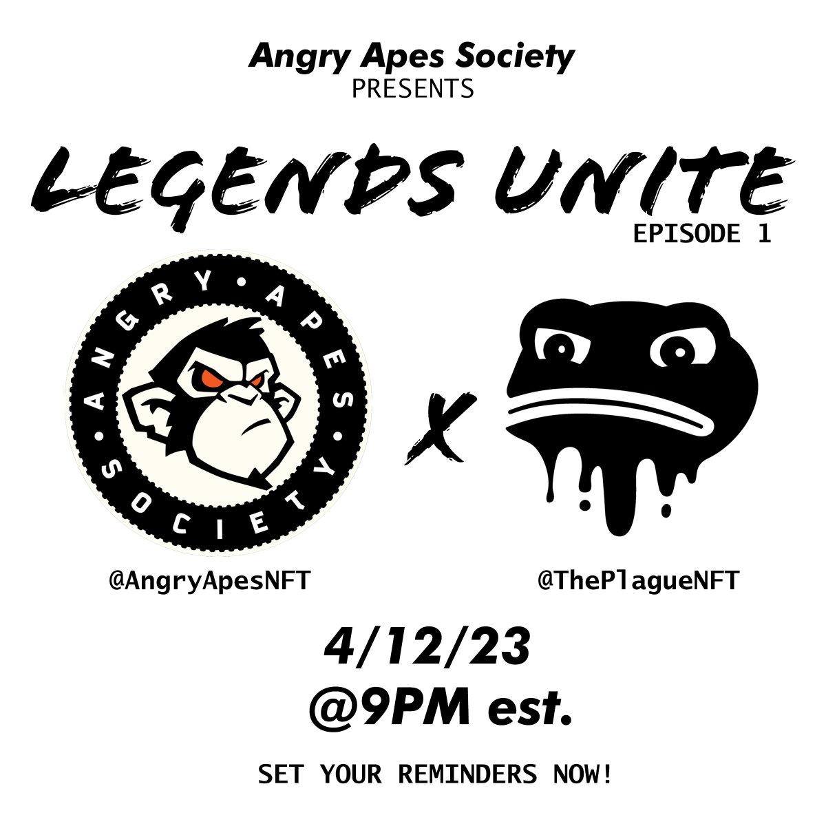 Join us for LEGENDS UNITE episode 1 feat. @ThePlagueNFT! 

👀#GIVEAWAY
1 LUCKY listener will win a FULL set of #AAS #NFTs!

Enter:
💎LIKE, RT and TAG 3
💎Must follow @AngryApesNFT @ThePlagueNFT, @AngryTeno & @NoServiceEth

MUST BE IN SPACE👇
twitter.com/i/spaces/1dRKZ…
#AngryApes