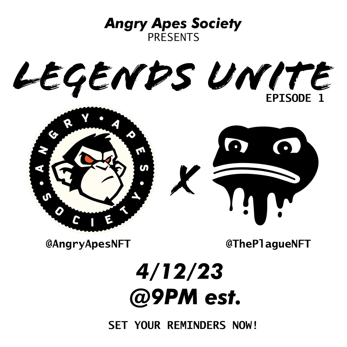 Join us for LEGENDS UNITE episode 1 feat. <a href="/ThePlagueNFT/">The Plague Of Frogs 🐸</a>! 

👀#GIVEAWAY
1 LUCKY listener will win a FULL set of #AAS #NFTs!

Enter:
💎LIKE, RT and TAG 3
💎Must follow <a href="/AngryApesNFT/">Angry Apes Society</a> <a href="/ThePlagueNFT/">The Plague Of Frogs 🐸</a>, <a href="/AngryTeno/">AngryTeno</a> &amp; <a href="/NoServiceEth/">NoService.eth 𝕏 A.A.S. 🫡</a>

MUST BE IN SPACE👇
x.com/i/spaces/1dRKZ…
#AngryApes