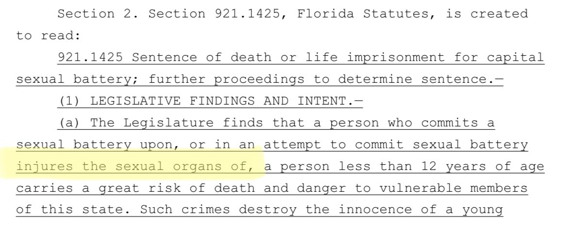 EliErlick's tweet image. More people should be discussing Florida’s SB1342, which uses vague language to allow the death penalty for parents and doctors that support trans kids. It only requires 8/12 jurors to agree to sentence the defendant to death.