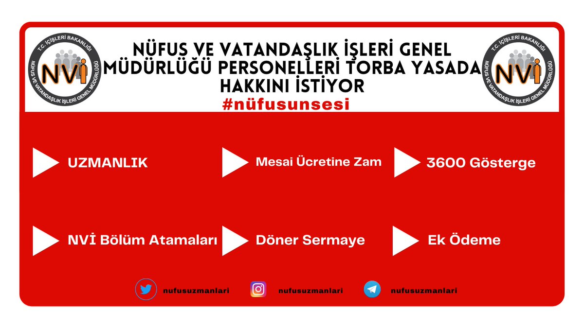 #nüfusunsesi 
Memur maaşlarında oluşan haksızlığın içinde en çok ezilen en çok çalışan nüfus memurları hakkını istiyor
<a href="/suleymansoylu/">Süleyman Soylu</a> <a href="/sefikaygol/">Şefik AYGÖL</a> 
<a href="/RTErdogan/">Recep Tayyip Erdoğan</a> <a href="/MemurSenKonf/">Memur-Sen</a>