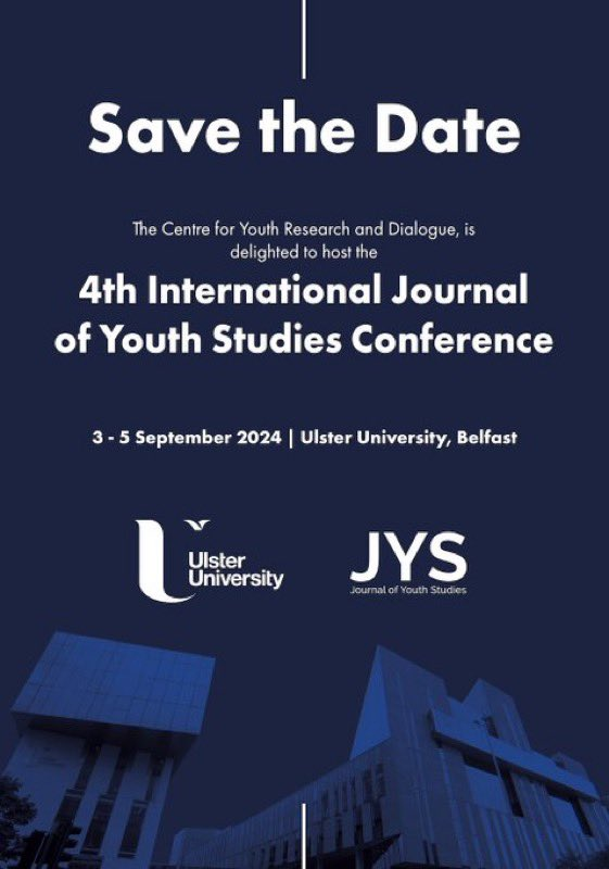 Robert MacDonald (@rfmacdonald) on Twitter photo Boom boom boom!
Here comes another <a href="/JofYS/">J of Youth Studies</a> conference - in Belfast 2024 - courtesy of <a href="/CentreDialogue/">Centre for Youth Research & Dialogue</a> <a href="/UlsterUni/">Ulster University</a> ...
Please save the date - and RT widely🙂
Details to follow
#YouthStudies
#YOUTH
<a href="/DrDanWoodman/">Professor Dan Woodman</a> <a href="/TracyShildrick/">Tracy Shildrick</a> <a href="/GailNeill/">Gail Neill</a> @sukimorg <a href="/stevethready75/">Steven Threadgold</a> <a href="/BSAYouthSG/">BSA Youth</a> Boom boom boom!
Here comes another <a href="/JofYS/">J of Youth Studies</a> conference - in Belfast 2024 - courtesy of <a href="/CentreDialogue/">Centre for Youth Research & Dialogue</a> <a href="/UlsterUni/">Ulster University</a> ...
Please save the date - and RT widely🙂
Details to follow
#YouthStudies
#YOUTH
<a href="/DrDanWoodman/">Professor Dan Woodman</a> <a href="/TracyShildrick/">Tracy Shildrick</a> <a href="/GailNeill/">Gail Neill</a> @sukimorg <a href="/stevethready75/">Steven Threadgold</a> <a href="/BSAYouthSG/">BSA Youth</a>