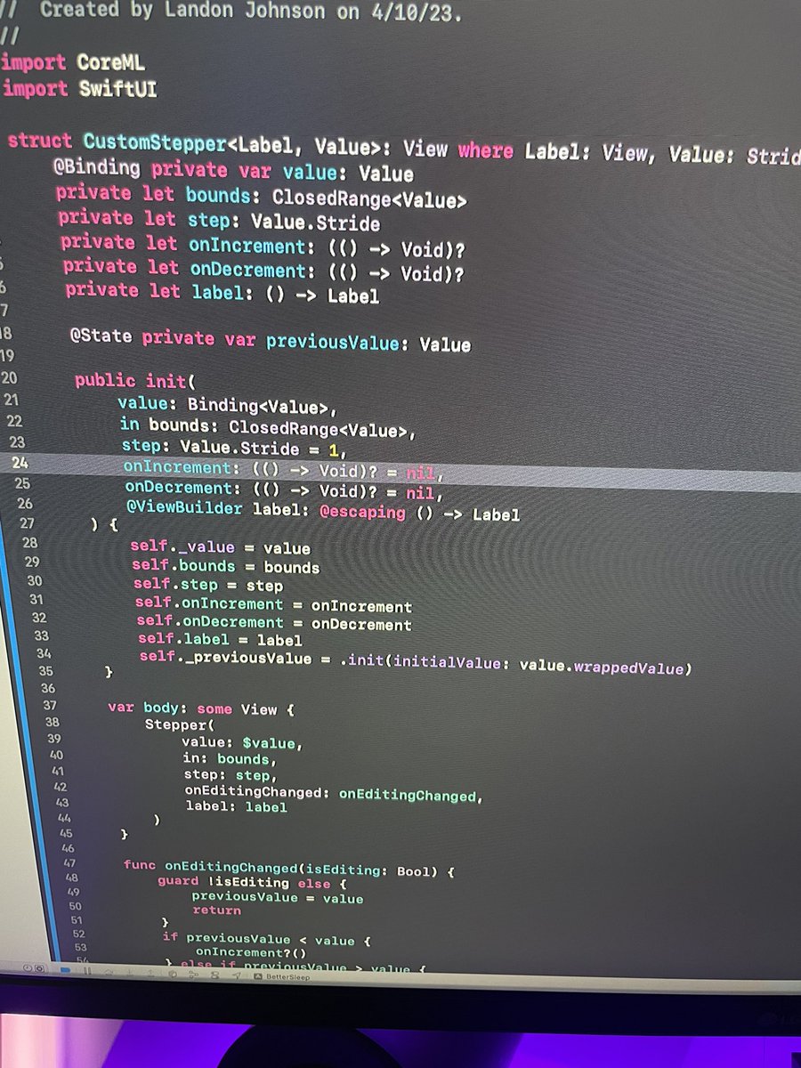 techwithlandon's tweet image. I’m almost done with Day 27 of 100 days of SwiftUI. 
✅ Connected SwiftUI to CoreML
✅ Used custom stepper so when the user changes caffeine intake, or the time they wake up, we run a calculation on what time the user should go to bed using Core ML Model

#swiftui #iosdev