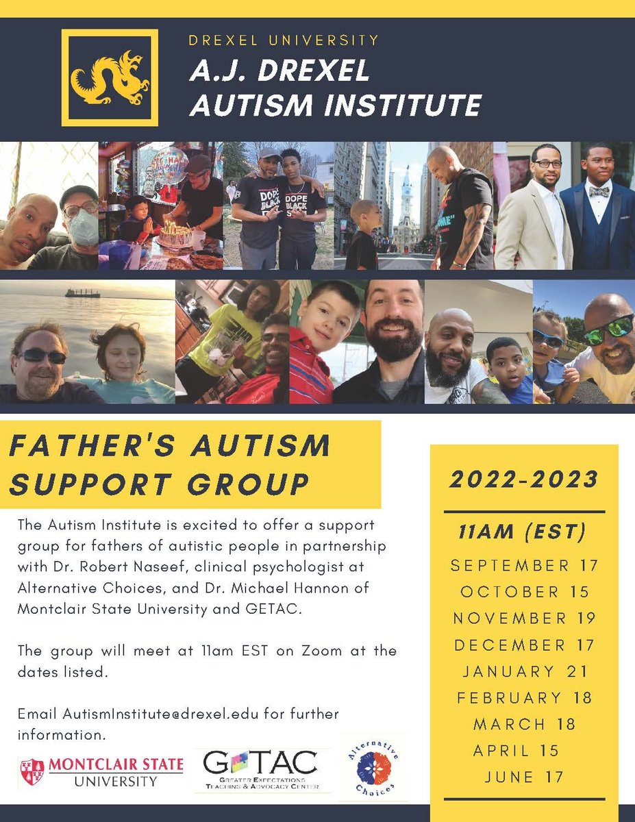 drmdhannon's tweet photo. Tag the dad of an #autisticperson to join us 4/15 @ 11AM-E for our monthly virtual connection group for dads of autistic people. Questions? Email autisminstitute@drexel.edu. @DrRobertNaseef  the guys, and I look forward to seeing you. 
#autismappreciation
#fathersmentalhealth https://t.co/K0GHnH06Sa