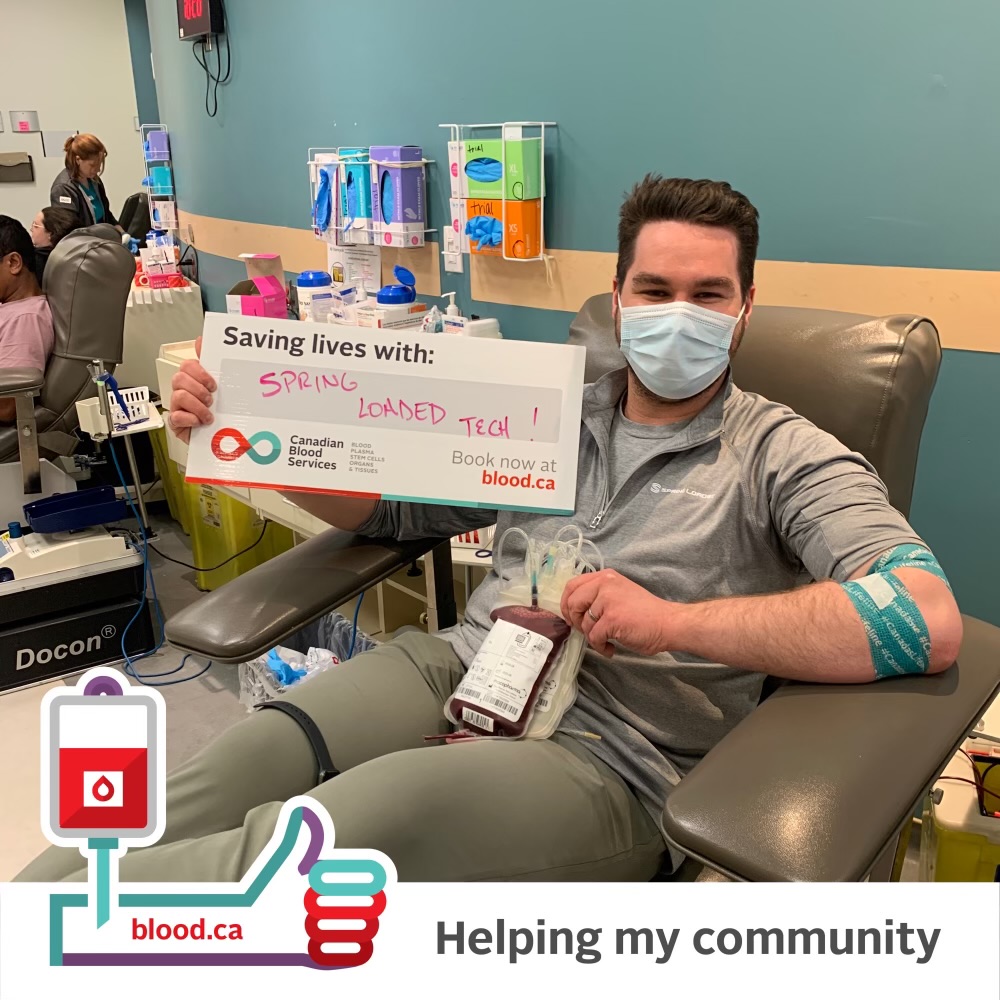 Spring Loaded Technology (@springloadedtec) on Twitter photo Our General Manager donating blood for the 13th time! We've made a company goal of getting 25 donations this year. It's been awesome to see many of our team members donate for the first time. Book yourself an appointment now at blood.ca
<a href="/CanadasLifeline/">Canadian Blood Services</a> Our General Manager donating blood for the 13th time! We've made a company goal of getting 25 donations this year. It's been awesome to see many of our team members donate for the first time. Book yourself an appointment now at blood.ca
<a href="/CanadasLifeline/">Canadian Blood Services</a>