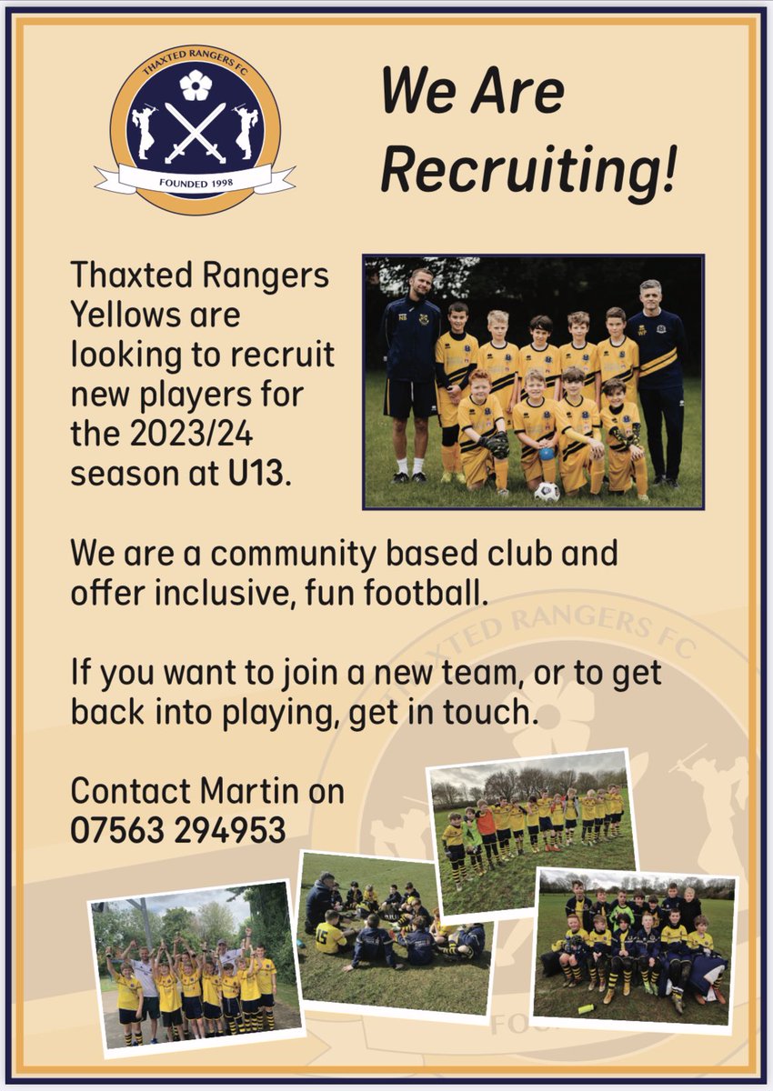 As they rise to 11-aside football next season, our Yellows U13s will be looking to recruit additional players. (School year 8, as of Sept 2023)

Interested? Send us a message, details below

⚽💙💛