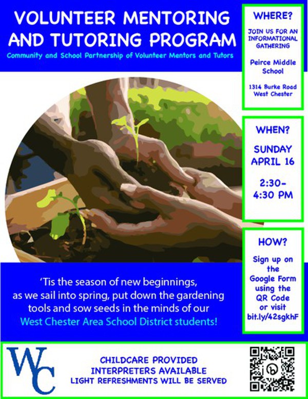 Attention #WCASD! Join us for an informational meeting on 4/16 as we develop a new Mentors &amp; Tutors Program to support our students. The program aims to mobilize our community to help students achieve their personal best.

For more information ➡️ wcasd.net/CommunityGathe… 🗓️