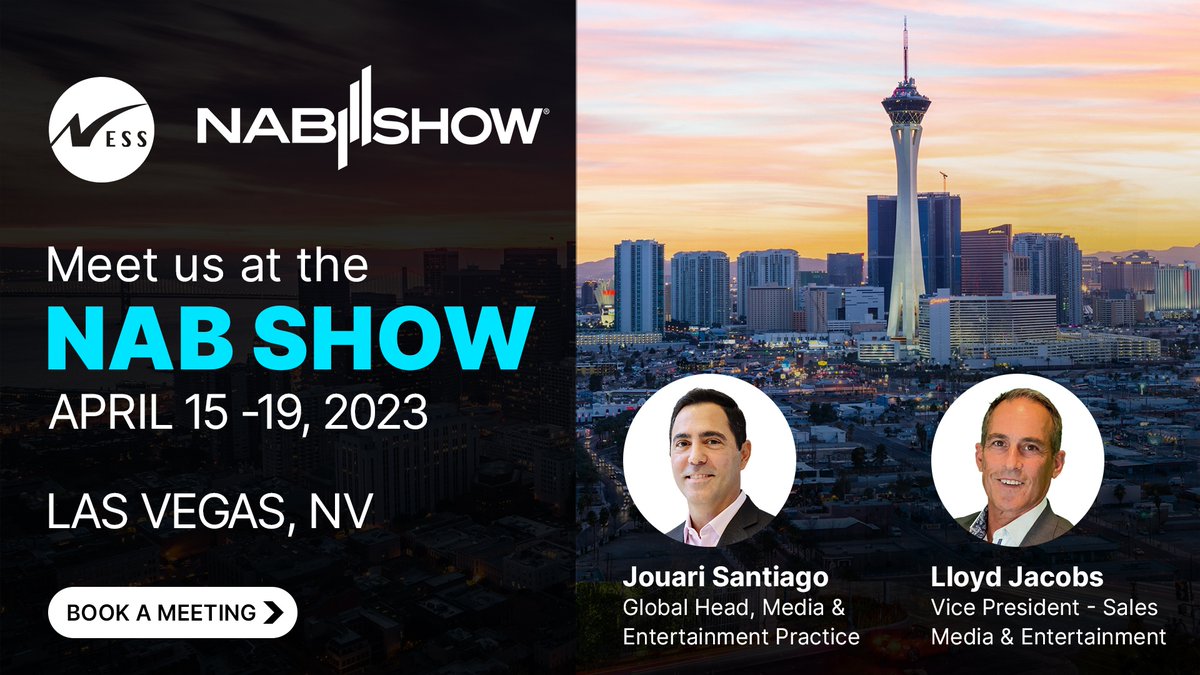 📺 Meet #Ness at #NAB2023! We'll be heading to #LasVegas, from April 15-19, to learn how we can help accelerate product innovation! 

Book a meeting: bit.ly/3GCcLfj

#NABShow #NABShow2023 #Media #Entertainment #VideoStreaming #OTTSolutions #VideoContent