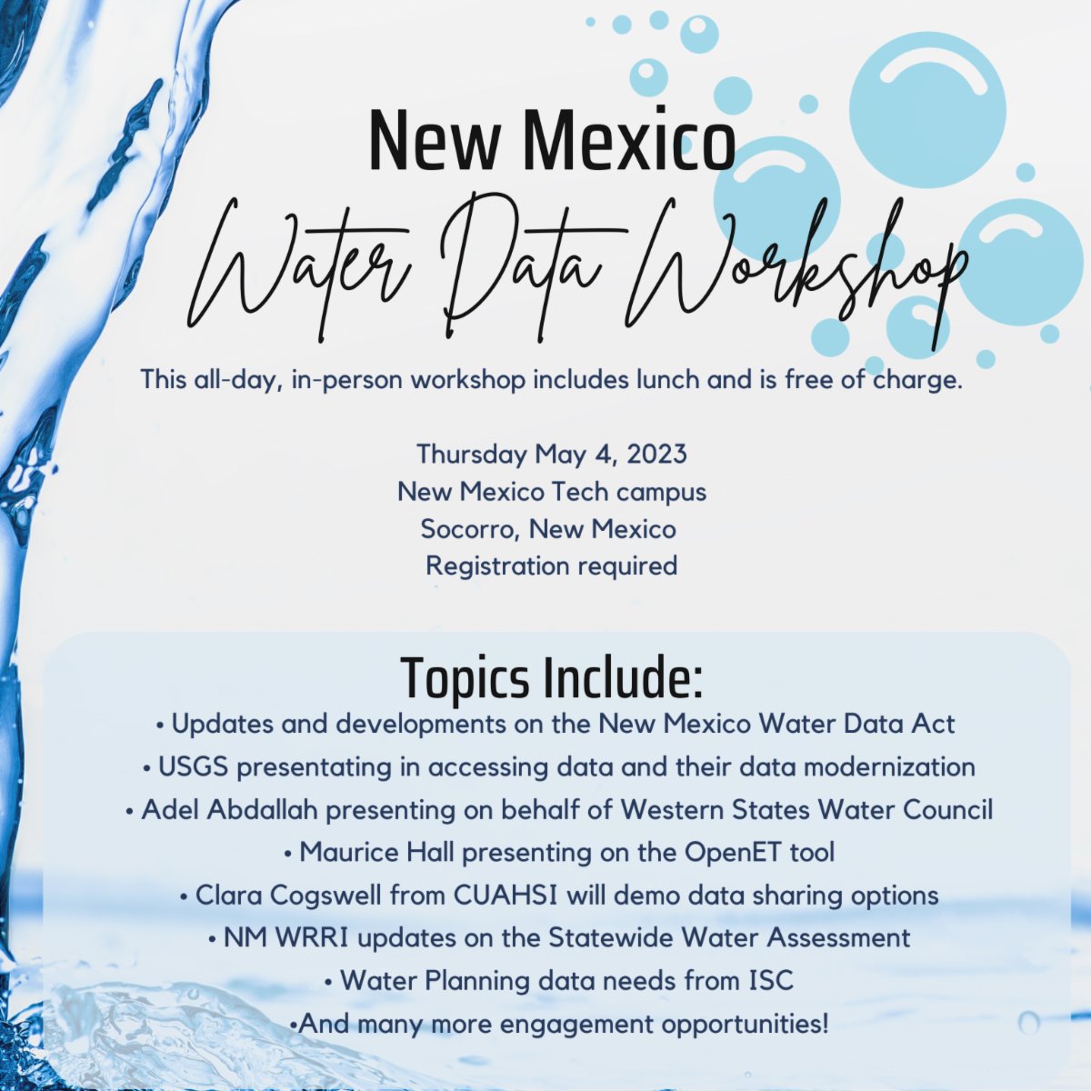 Please take a moment to read the latest updates from the NMWDI. Learn about our upcoming water data workshop, new data reports, and more!

conta.cc/3zJpmcT

#newmexicowaterdata #nmwdi #waterdata #newsletter
conta.cc/3MwreNx