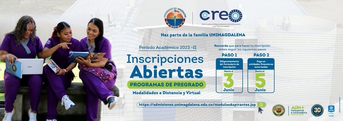 Aspirantes a programas de pregrado en las modalidades a distancia y virtual, la Universidad del Magdalena tiene abiertas las inscripciones para que accedas a uno de nuestros programas de alta 
Calidad.
Para mayor información ingresa al siguiente Link👉 admisiones.unimagdalena.edu.co/modulosAspiran…
