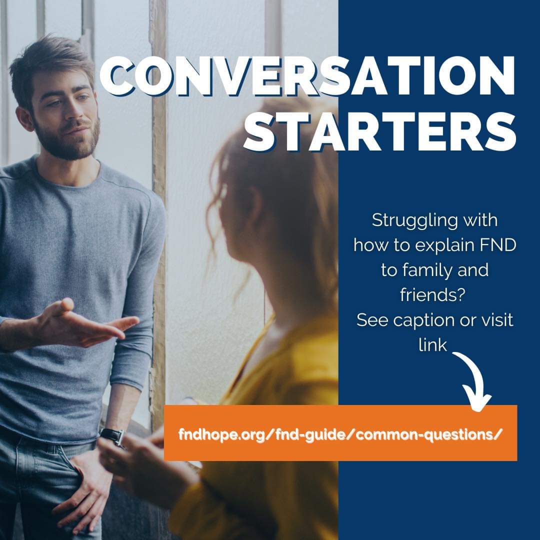 FNDHopeUK's tweet photo. Struggling with how to explain FND to family and friends?
First, remember you don't owe anyone an explanation. But if you want one, there are several options at https://t.co/kybEOA4PYE
#FNDaware
#FND2023
#LetsTalkFND
#FNDAwarenessMonth
#AreYouFNDAware
#FNDAwareness2023 https://t.co/6ouGXd4yBt