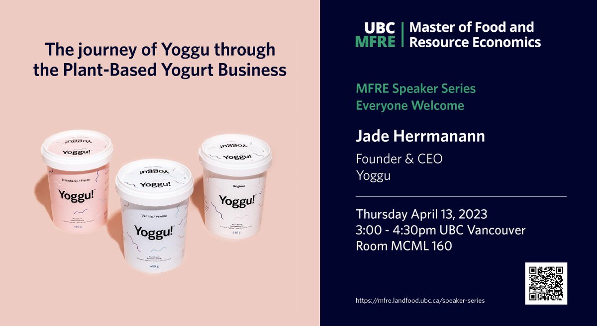 mfreUBC's tweet photo. Join us for the seminar with @JadeHerrmann  on "The Story of Yoggu - A Journey through the Business Model and Success Story of a Plant-Based Yogurt Business"! Join us and learn about Yoggu and the plant-based industry.

https://t.co/5zISxxIjzg

@ubcLFS @UBCGradSchool @sustainUBC https://t.co/vPq2YtBpHf