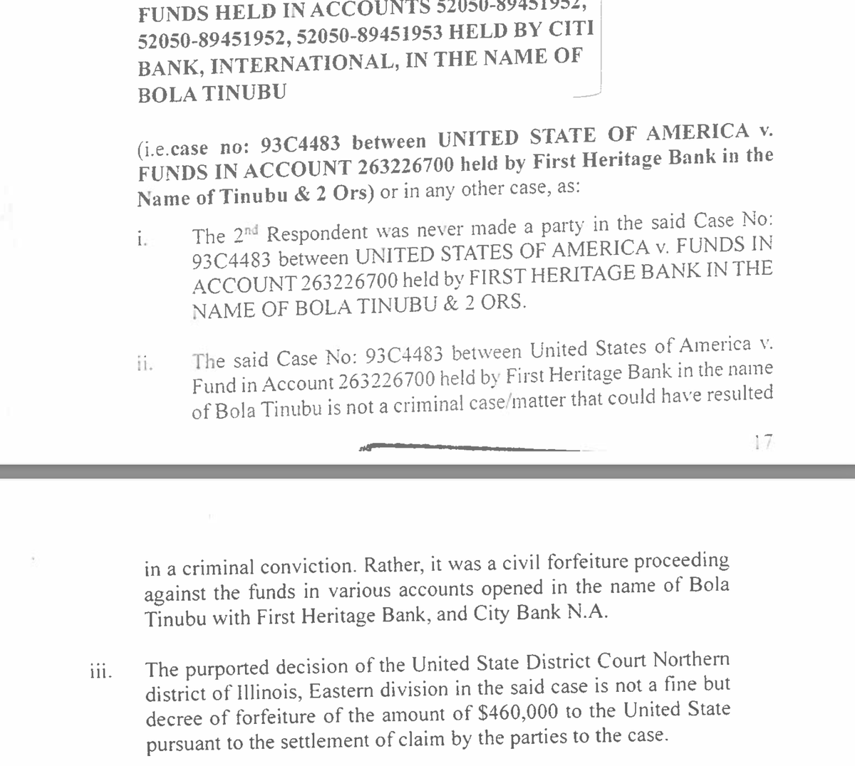 In filed responses, Nigeria's President-elect Bola Tinubu's All Progressives Congress(APC) party pleads that <a href="/PeterObi/">Peter Obi</a>'s "narcotics trafficking" claims are false and Tinubu was never "fined the sum of $460,000" in the US, admits the case was "civil forfeiture" and not "criminal".