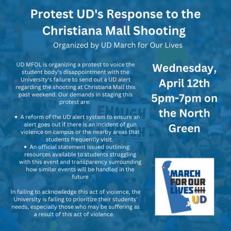 wyattgirl42's tweet photo. @UDelaware has STILL not acknowledged the shooting at Christiana Mall this weekend despite all of the students present at the time.

No alert, no resources - not so much as a single email.

Join @udmfol tomorrow to demand recognition and protest the lack of university response. https://t.co/U41WW35ar8