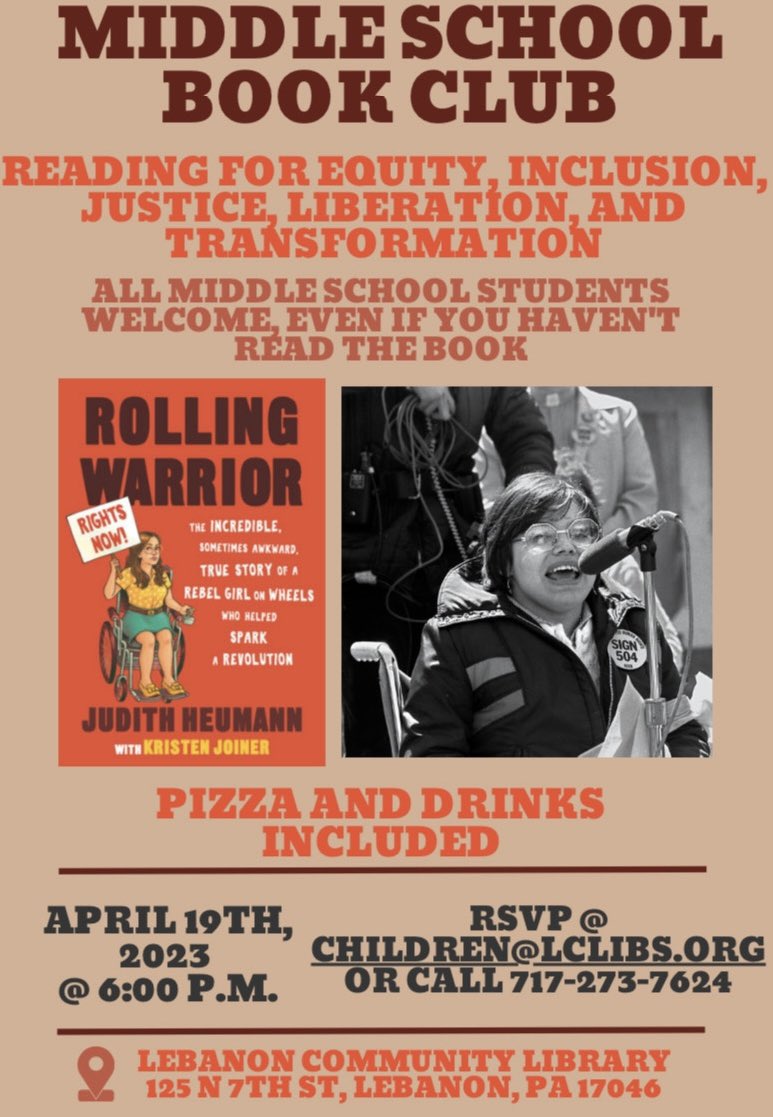 So excited for our next book club chat @lebcomlibrary next Wednesday, April 19 at 6:00! Rolling Warrior is an incredible story of determination in overcoming obstacles. I can’t wait to join middle schoolers in conversation about this book! @ccmsblueaggies