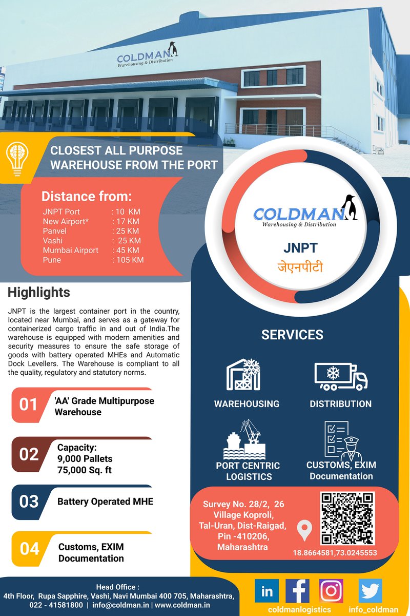 We take pleasure in announcing the launch of our new all purpose warehouse of 9,000 Pallets capacity near JNPT Port, with this launch Coldman is now available at 14 cities with 1,00,000+ Pallets position across India.
coldman.in