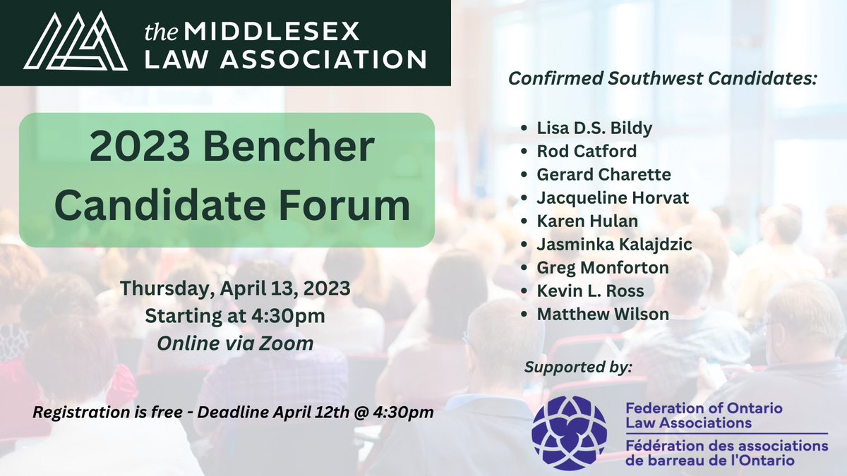 MiddLawAssn's tweet photo. More Southwest Bencher candidates have confirmed attendance at the MLA's Bencher Forum this Thursday, April 13th at 4:30. Deadline to register is tomorrow! https://t.co/5fT0O8UM0k https://t.co/9Xottc8gVE
