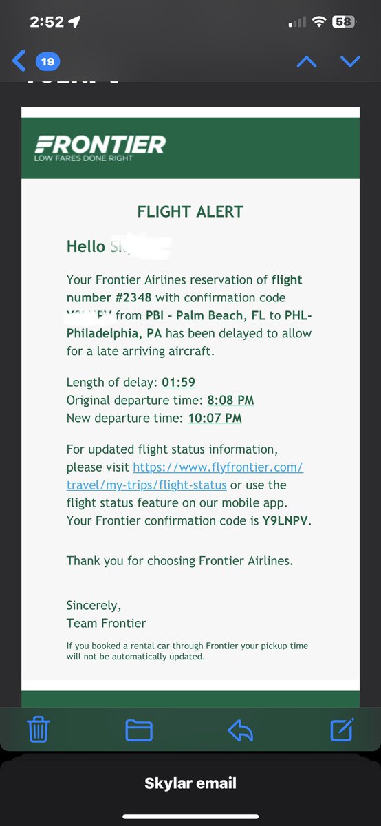 NoahRing's tweet photo. @FrontierCare  please help. Received email from frontier my flight is delayed tonight from PBI to PHl flight F9 2348 by 2 hours. Online and app says it is on time for 8:08p departure. What is the status?  Thanks. https://t.co/1h7eNPpEBD