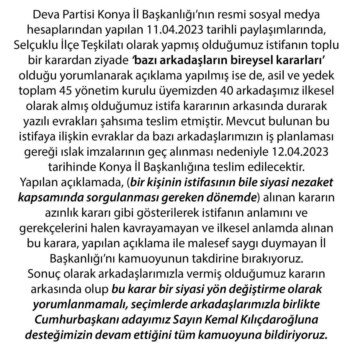 Kamuoyuna duyurulur. <a href="/Devakonyada/">Deva Partisi Konya İl Başkanlığı</a> <a href="/alibabacan/">Ali Babacan</a> <a href="/erginsadullah/">Sadullah Ergin</a> <a href="/emin_ekmen/">Mehmet Emin Ekmen</a> <a href="/avidrissahin/">Av. İdris Şahin</a> <a href="/KaracaSeyit/">Dr.Seyit Karaca</a> <a href="/osmanavci1942/">Osman Avcı</a> <a href="/EnesTurbil/">Mücahit Enes Turbil</a> <a href="/keremiskan/">keremiskan</a> <a href="/hasan_bestil/">HASAN BESTİL</a>