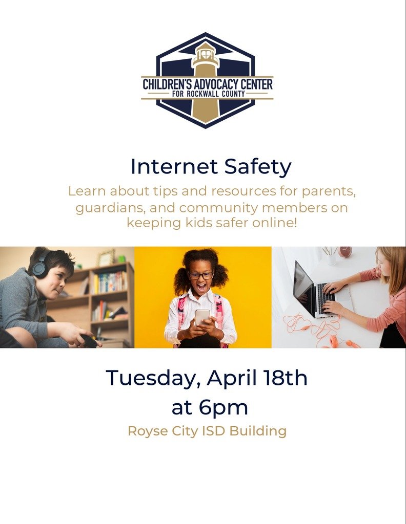 RoyseCityISD's tweet photo. Updated time! We are proud to host the Rockwall Children's Advocacy Center as they present on Internet Safety. The meeting will begin at 6:00 p.m. in the EPPS Administration Building located at 810 Old Greenville Road. Please excuse the road work in front the the building. https://t.co/F6XCM3W6MX
