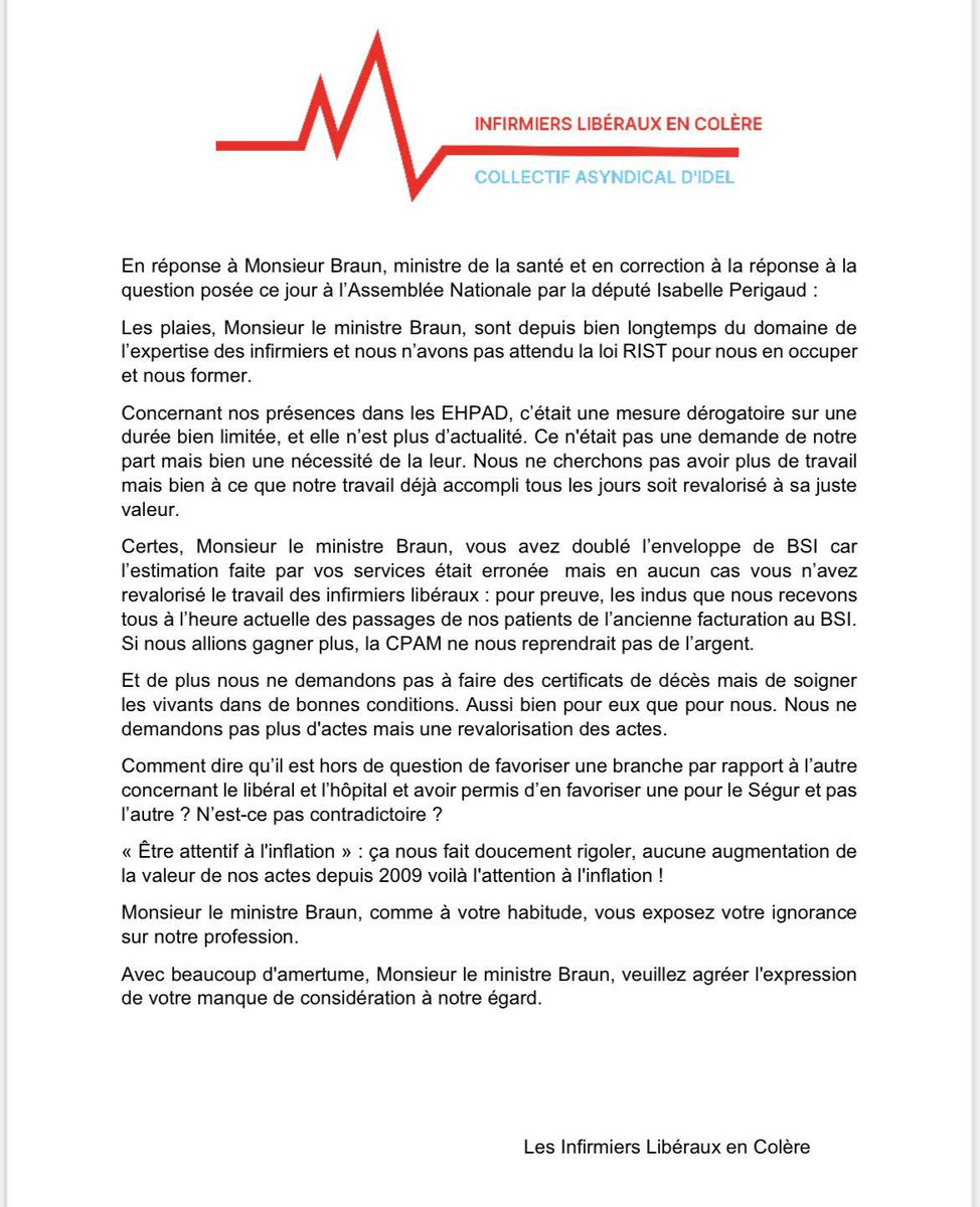 Entendez nous ! Écoutez nous ! #infirmiersliberauxencolere #infirmiersliberauxmeprises 
<a href="/FrancoisBraun/">FrancoisBraun</a> 
<a href="/EmmanuelMacron/">Emmanuel Macron</a> 
<a href="/YLeBolloch/">Yvan Le Bolloc'h</a>
