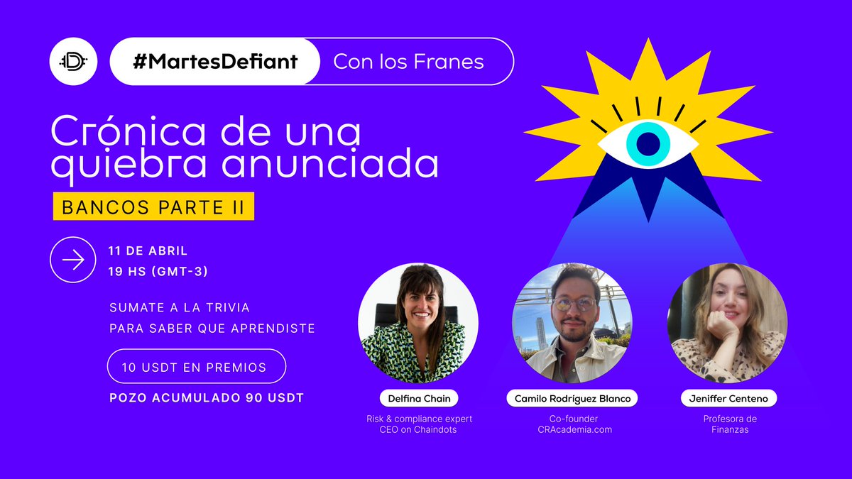 Falta muy poco para nuestro #MartesDefiant 

En esta oportunidad se suma <a href="/ChainDelfina/">Delfina Chain</a> 🎉 con los ya mencionados <a href="/JenifferCC/">Jeniffer Centeno 📿🙏</a>  y <a href="/Camilolwi/">Camilolwi</a> 

Dejanos tus dudas por acá abajo, y esta humilde servidora se las hace llegar a los Franes 👇